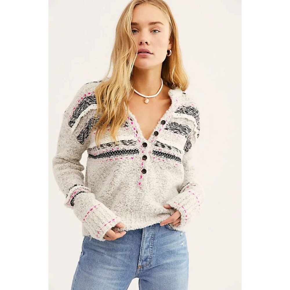 Free People Color Pop Henley Knit Cropped Sweater